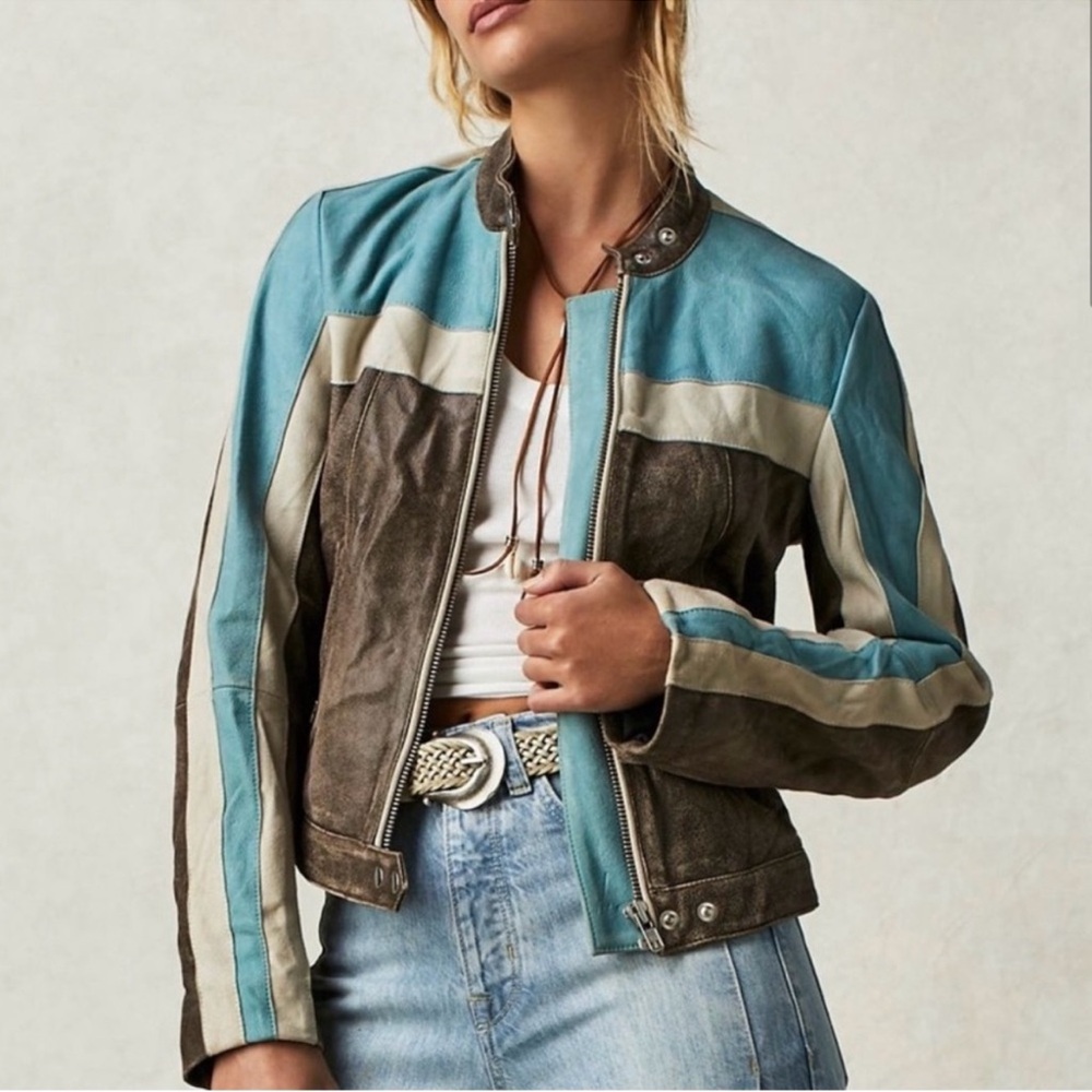 Free People/We The Free Leather Fast Lane Moto Jacket Size Large, Cobalt.
